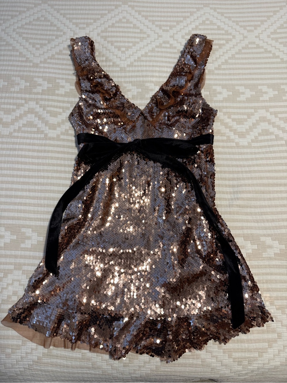 Free People Bronze Tribeca Siren Sequin V-Neck Dress with Black Velvet Belt
